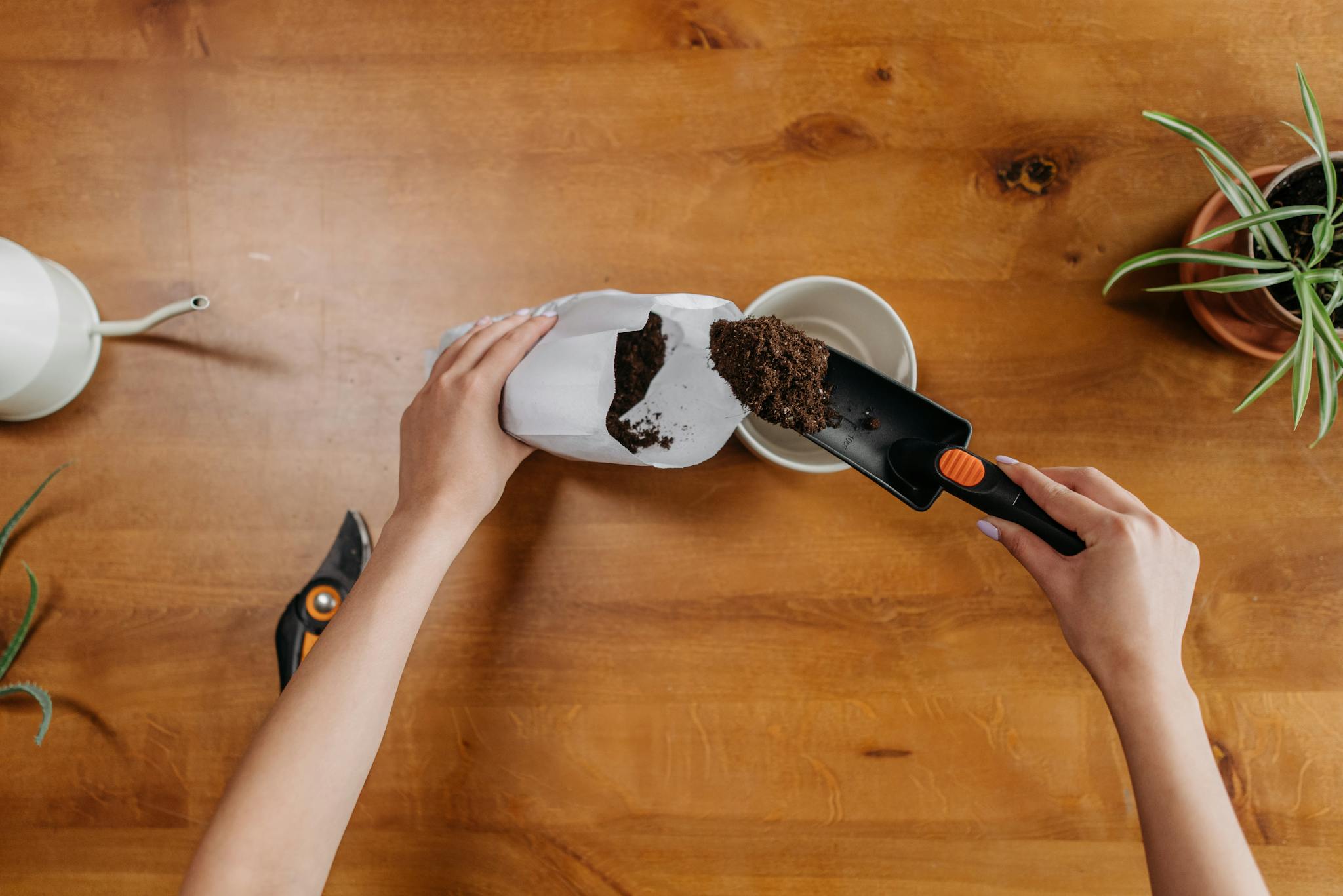 Hands preparing gardening soil with a trowel on a wooden surface, ready for planting.