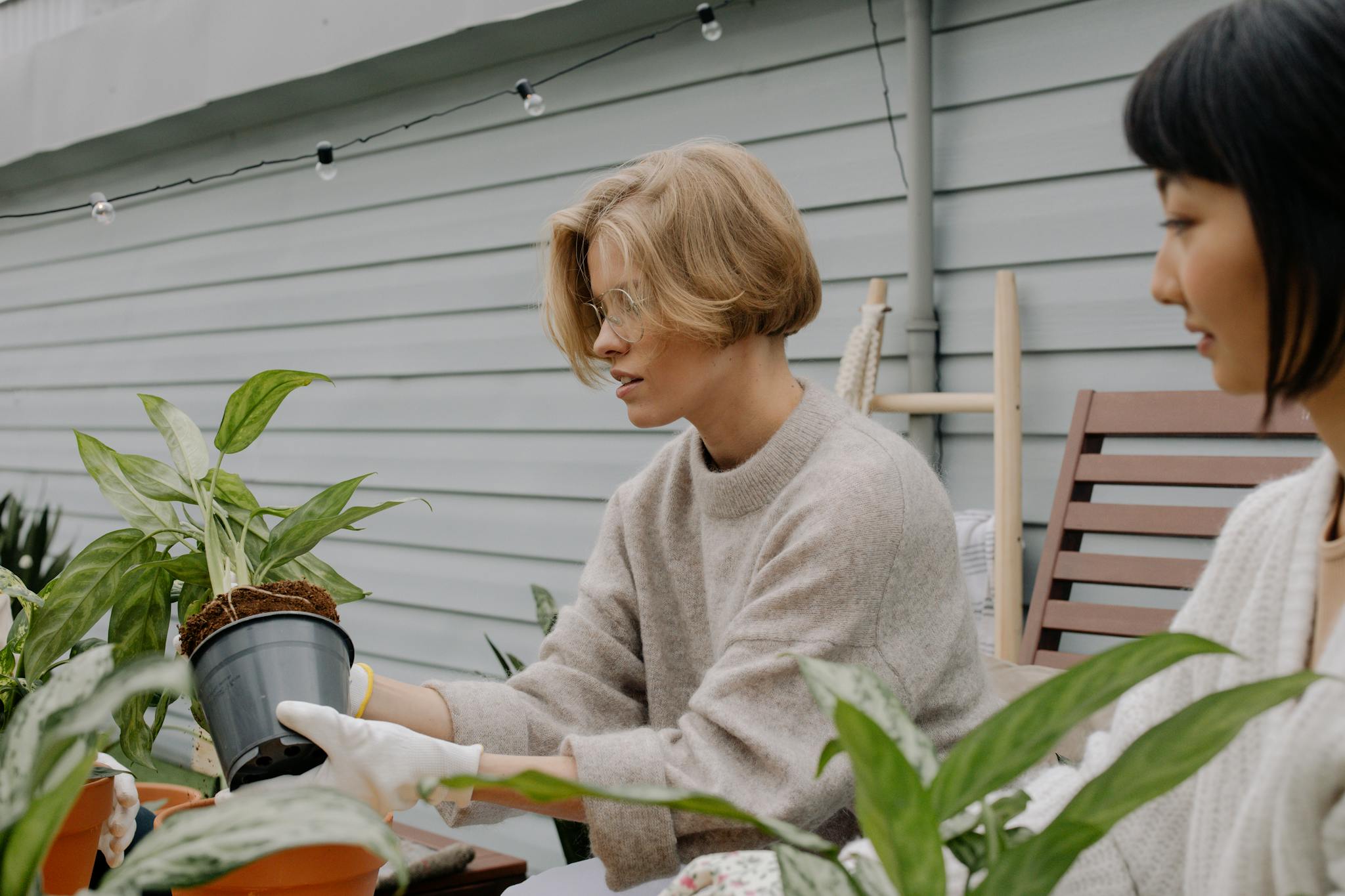 Two women gardening and replanting houseplants outside in a serene setting.